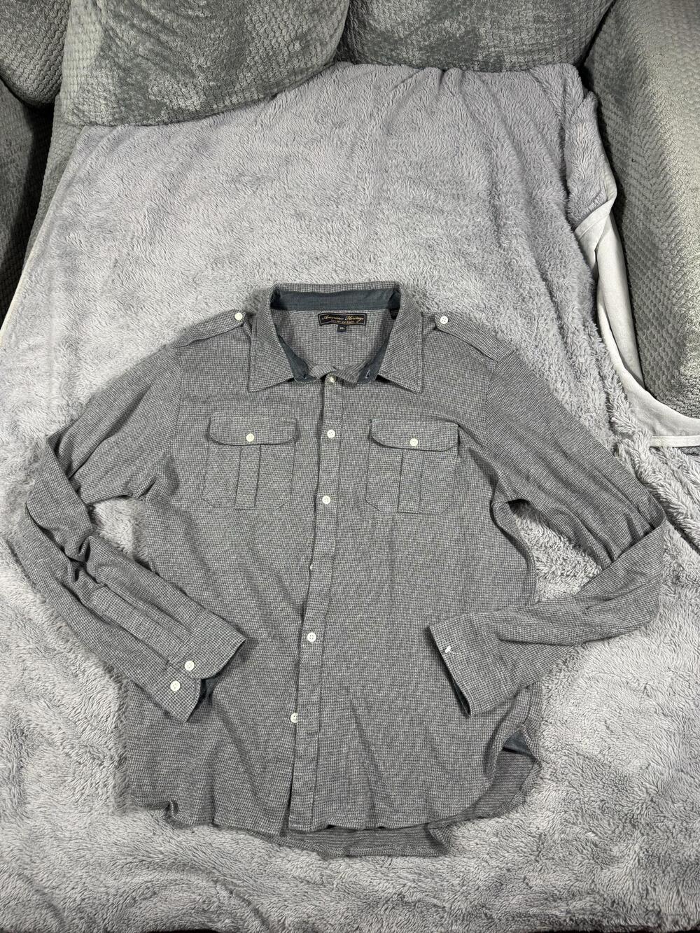 American Heritage Shirt Mens XL Gray Check Long Sleeve Button Up Casual Pockets